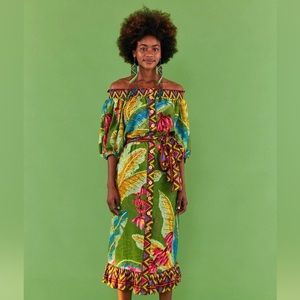 Farm Rio Banana Leaf off the shoulder midi dress